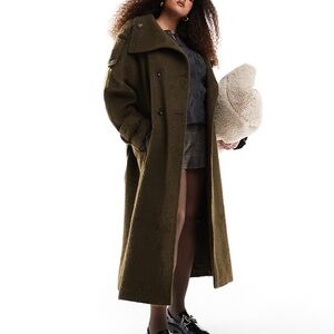 ASOS DESIGN Curve brushed funnel neck trench coat in khaki olive green Size 26